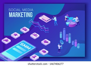 Social media marketing concept, 3d isometric infographic promotion campaign, online digital technology, business people analyze advertising report, content plan, seo optimisation vector illustration