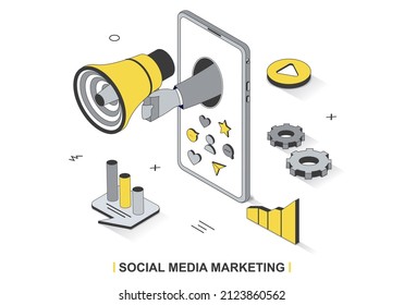 Social media marketing concept in 3d isometric outline design. Business promotion online, advertising, attracting followers, content creation, line web template. Vector illustration with people scene