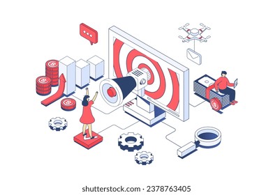 Social media marketing concept in 3d isometric design. Man making online promotion and attracting new clients for making purchases. Vector illustration with isometry people scene for web graphic