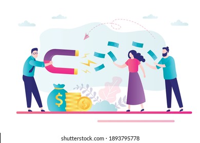 Social media marketing, concept banner. Entrepreneur use magnet. Businessman attracts consumer money. People with banknotes. Technology of online marketing. Promotion campaign. Vector illustration