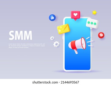 Social media marketing concept banner. Mobile phone with 3D icons. Vector illustration.