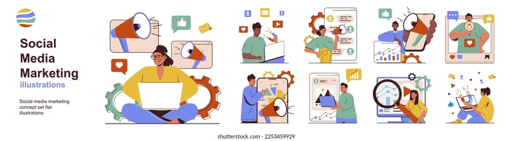 Social media marketing concept with character situations collection. Bundle of scenes people analyze market, create promotion strategy, make ads for business. Vector illustrations in flat web design