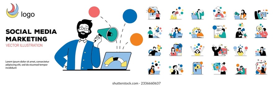 Social media marketing concept with character situations mega set. Bundle of scenes people analyzing trends, creating promotion strategy and advertising online. Vector illustrations in flat web design