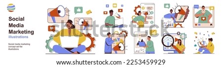 Social media marketing concept with character situations collection. Bundle of scenes people analyze market, create promotion strategy, make ads for business. Vector illustrations in flat web design