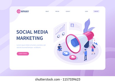 Social Media Marketing Concept With Characters. Can Use For Web Banner, Infographics, Hero Images. Flat Isometric Vector Illustration Isolated On White Background.