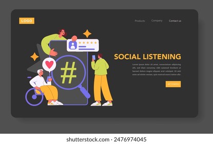 Social Media Marketing concept. Characters engage in social listening to enhance brand strategy. Online reputation analysis and hashtag monitoring. Vector illustration.