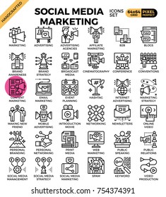 Social media marketing concept detailed line business icons set in modern line icon style for ui, ux, website, web, app graphic design