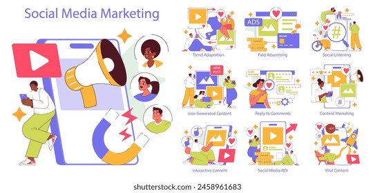 Social Media Marketing concept. Diverse elements of digital promotions and community engagement. Engaging users, tracking trends, and measuring ROI. Vector illustration.