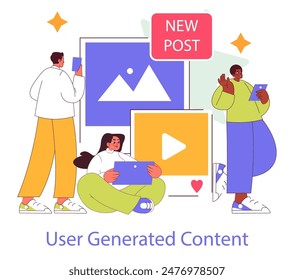 Social Media Marketing concept. Diverse users engage with content, highlighting online interaction. User-generated posts with dynamic engagement. Vector illustration.