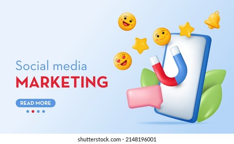 Social media Marketing concept. Emoji icons, magnet in phone. 3D vector illustration in cartoon minimal style