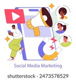 Social Media Marketing concept. Engaging content strategy with user interaction and increased connectivity. Magnet attracting diverse audience profiles. Vector illustration.