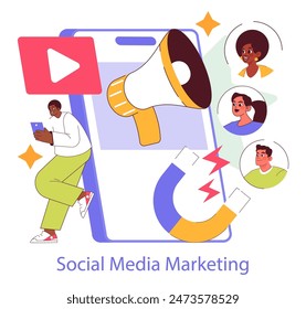 Social Media Marketing concept. Engaging content strategy with user interaction and increased connectivity. Magnet attracting diverse audience profiles. Vector illustration.