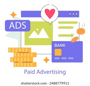 Social Media Marketing concept. Engaging ads generate love and revenue online. Digital campaign, cost-per-click, audience targeting. Vector illustration.