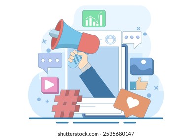 conceito de marketing de mídia social, feed de mídia social com megafone, Ilustração plana Marketing digital, Ecommerce, Campanha de mídia social, otimização de SEO, marketing de conteúdo.