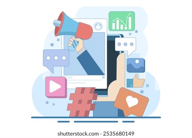 social media marketing concept, social media feed with megaphone, Flat illustration Digital marketing, Ecommerce, Social media campaign, SEO optimization, content marketing. flat vector illustration.