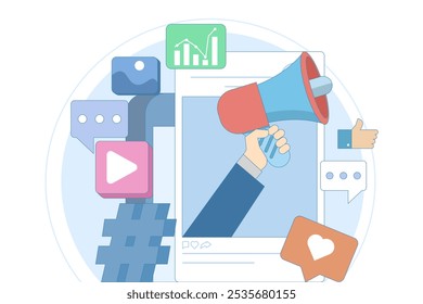 social media marketing concept, social media feed with megaphone, Flat illustration Digital marketing, Ecommerce, Social media campaign, SEO optimization, content marketing. flat vector illustration.