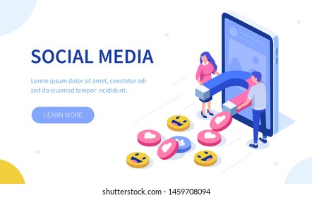 Social media marketing concept.  Flat isometric vector illustration isolated on white background.