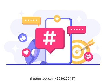 Social media marketing concept flat vector illustration for web banner, mobile app, poster, business content strategy, Hashtag marketing, Digital AD campaign, online promotion, E-commerce