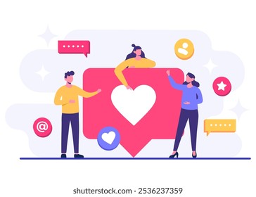 Social media marketing concept flat vector illustration for web banner, mobile app, poster, Digital marketing, influential marketing, Ad campaign, online promotion, Promotion, E-commerce