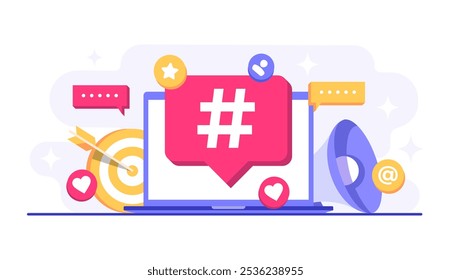 Social media marketing concept flat vector illustration for web banner, mobile app, poster, business content strategy, Hashtag marketing, Digital AD campaign, online promotion, E-commerce