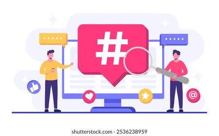 Social media marketing concept flat vector illustration for web banner, mobile app, poster, business content strategy, Hashtag marketing, Digital AD campaign, online promotion, E-commerce