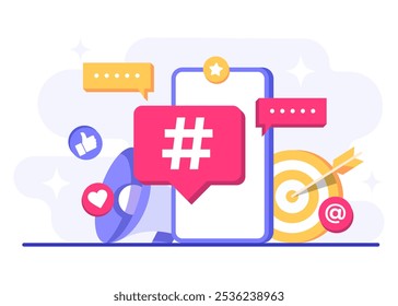 Ilustração de vetor plano de conceito de marketing de mídia social para banner da web, aplicativo móvel, cartaz, estratégia de conteúdo de negócios, marketing de hashtag, campanha de AD digital, promoção online, e-commerce