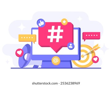 Social media marketing concept flat vector illustration for web banner, mobile app, poster, business content strategy, Hashtag marketing, Digital AD campaign, online promotion, E-commerce