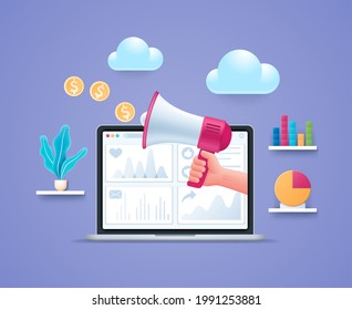 Social media marketing concept. Hand holds megaphone on laptop screen. Graph, chart and diagram. Web vector illustrations in 3D style