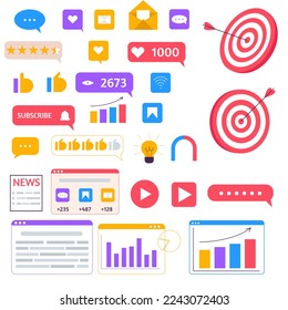 Social media marketing concept with icons of SMM. Digital marketing campaign, announcement and promotion web banner. Flat vector illustration.