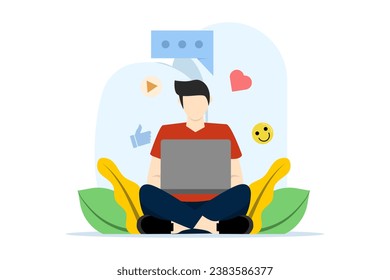 Social media marketing concept, influencer using laptop computer, advertising strategy, marketer, social media, digital marketing, flat vector illustration on white background.