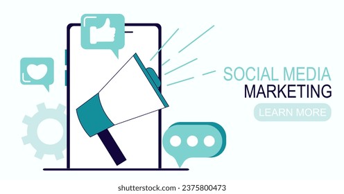Social media marketing concept for internet, web banner and app design, seo, social network. Business marketing, strategy, planning, social media and communication.Vector illustration.