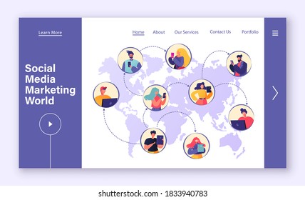 Social media, marketing concept for landing page template. Design web page with world map and people communicating using laptop phones and tablets in social networks. Influencers, online communication