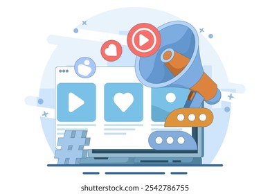 Social media marketing concept for landing page, web banner, app. Online business strategy, business content strategy, marketing materials, digital marketing online connection. Flat vector illustratio