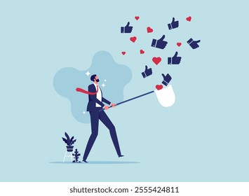 Social media marketing concept, Social media likes and subscribers increase, businessman with a net chasing flying away likes and thumb up icons