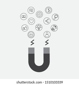 Social media marketing concept. Magnet attracting likes. Vector illustration in flat design style
