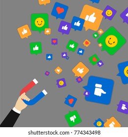 Social media marketing concept. Magnet attracting likes. Vector illustration