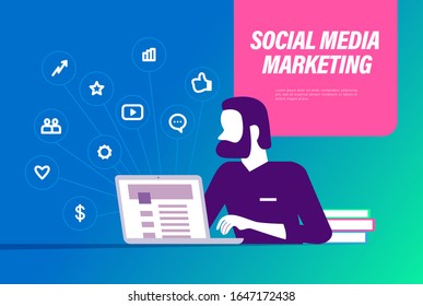 Social media marketing concept. Man with beard portrait networking at laptop. Video, media, review, planning, business icons. Vector flat illustration. 