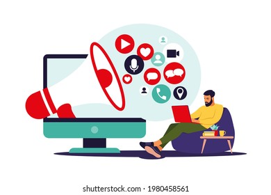 Social media marketing concept. Man using social networking. Smm management. Online advertising. Vector Illustration. Flat