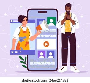 Social media marketing concept. Man with smartphone communicates with social networks friends. Young girl with megaphone in hands. Interaction and communication in messengers. Flat vector illustration