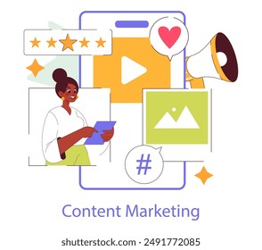 Social media marketing concept. A marketer engages with content on platforms to promote brand presence. Rating stars, likes, megaphone, and hashtag icons. Vector illustration.