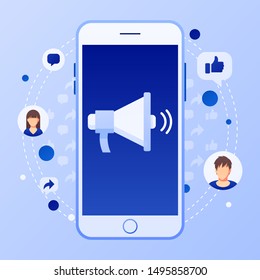 Social media marketing concept with megaphone. Public relations advertising. Flat style design with gradient. Modern vector.