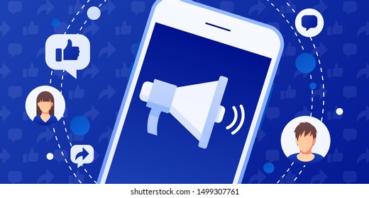 Social media marketing concept with megaphone. Public relations advertising. Flat style design with gradient. Modern vector.