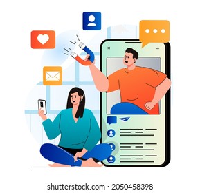 Social media marketing concept in modern flat design. Woman sends messages or likes posts on mobile phone and sees online ads. Marketer attracting new customers, promotes business. Vector illustration