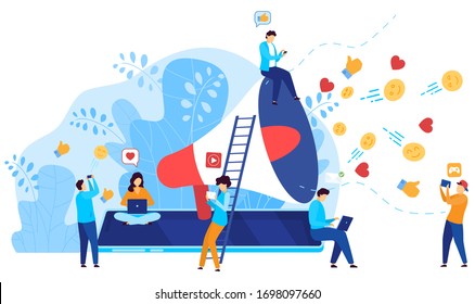 Social media marketing concept, people react to influencer content online, vector illustration. Tiny cartoon characters around giant megaphone symbol. Social network promotion campaign, digital media