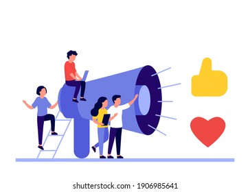 Social media marketing concept with people characters and megaphone. Share quality advertising content and get positive comment, like, sucess feedback. Promotion service concept. Vector illustration