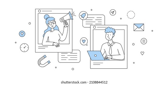 Social media marketing concept with people lead blog and icons of SMM. Vector doodle illustration of man with laptop, woman with megaphone, signs of email, magnet and heart