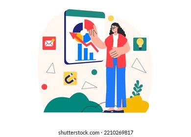 Social Media Marketing Concept With People Scene In The Flat Cartoon Design. Worker Presents The Results Of The Research Of Social Needs In Diagrams. Vector Illustration.