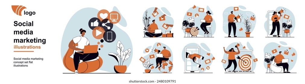 Social media marketing concept with people scenes mega set in flat web design. Bundle of character situation with attracting audience with online advertising and promotion. Vector illustrations.