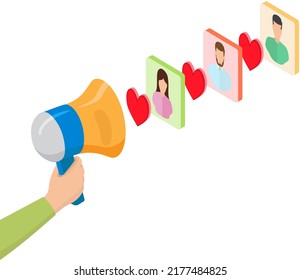 Social media marketing concept. Person promoting online in social network using huge megaphone. Public relations and affairs, communication, advertising of goods on Internet, online marketer
