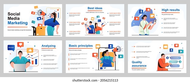 Social media marketing concept for presentation slide template. People promote business online, make advertising campaigns, attract customers, increase income. Vector illustration for layout design